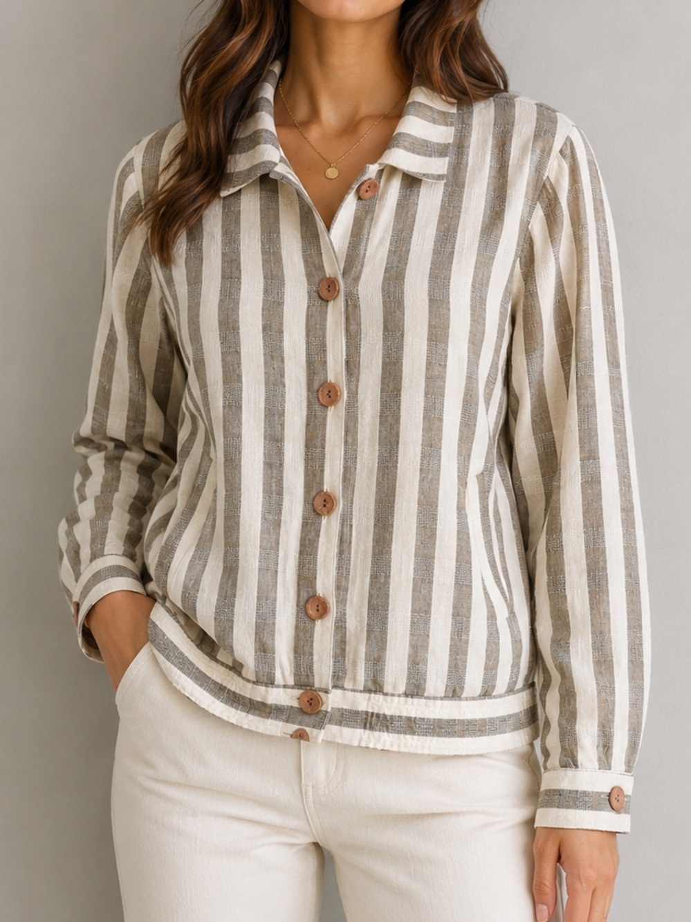 Cleo Petites Vintage Linen Blend Stripe Jacket Tan Cream Button Front Size Small